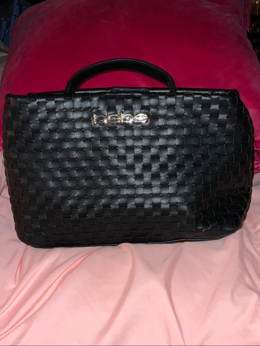 bebe Black Woven Top-Handle Satchel with Gold Logo